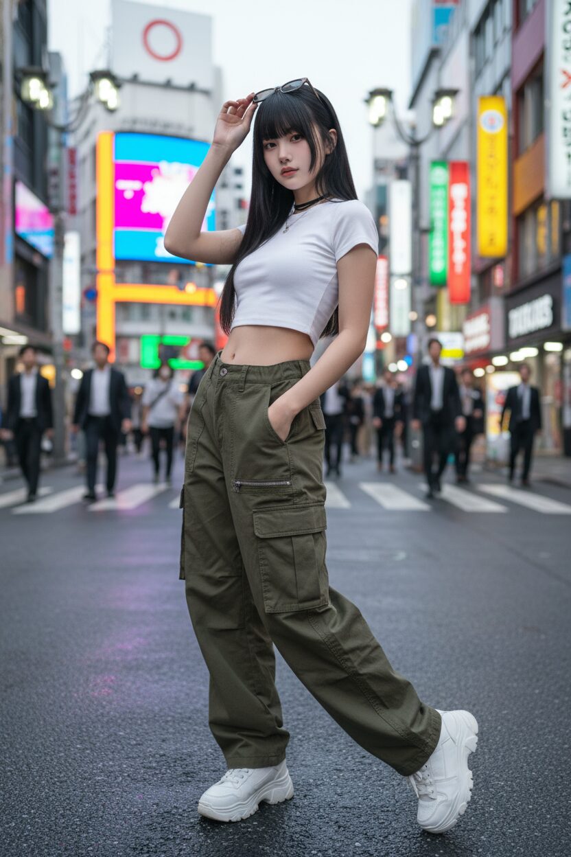 黒髪パッツンのロングヘアの10代の日本人女性が、クロップド丈のTシャツにローライズのカーゴパンツといったY2Kファッションで、ネオンが輝く渋谷の雑踏に立つ全身写真。