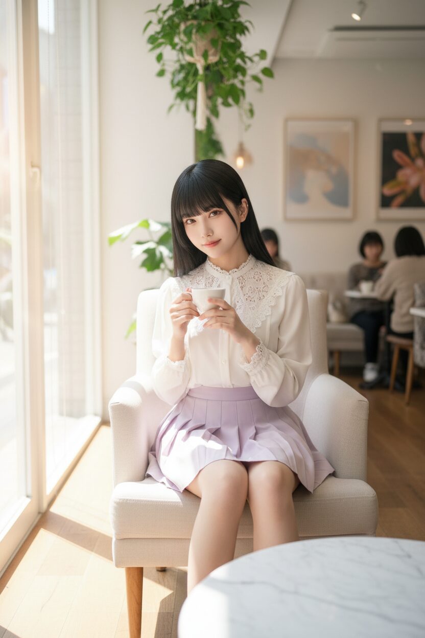 レースのディテールが施された白いブラウスとパステルカラーのプリーツミニスカートを身に着けた、黒髪パッツンボブの可愛らしい10代の日本人女性。