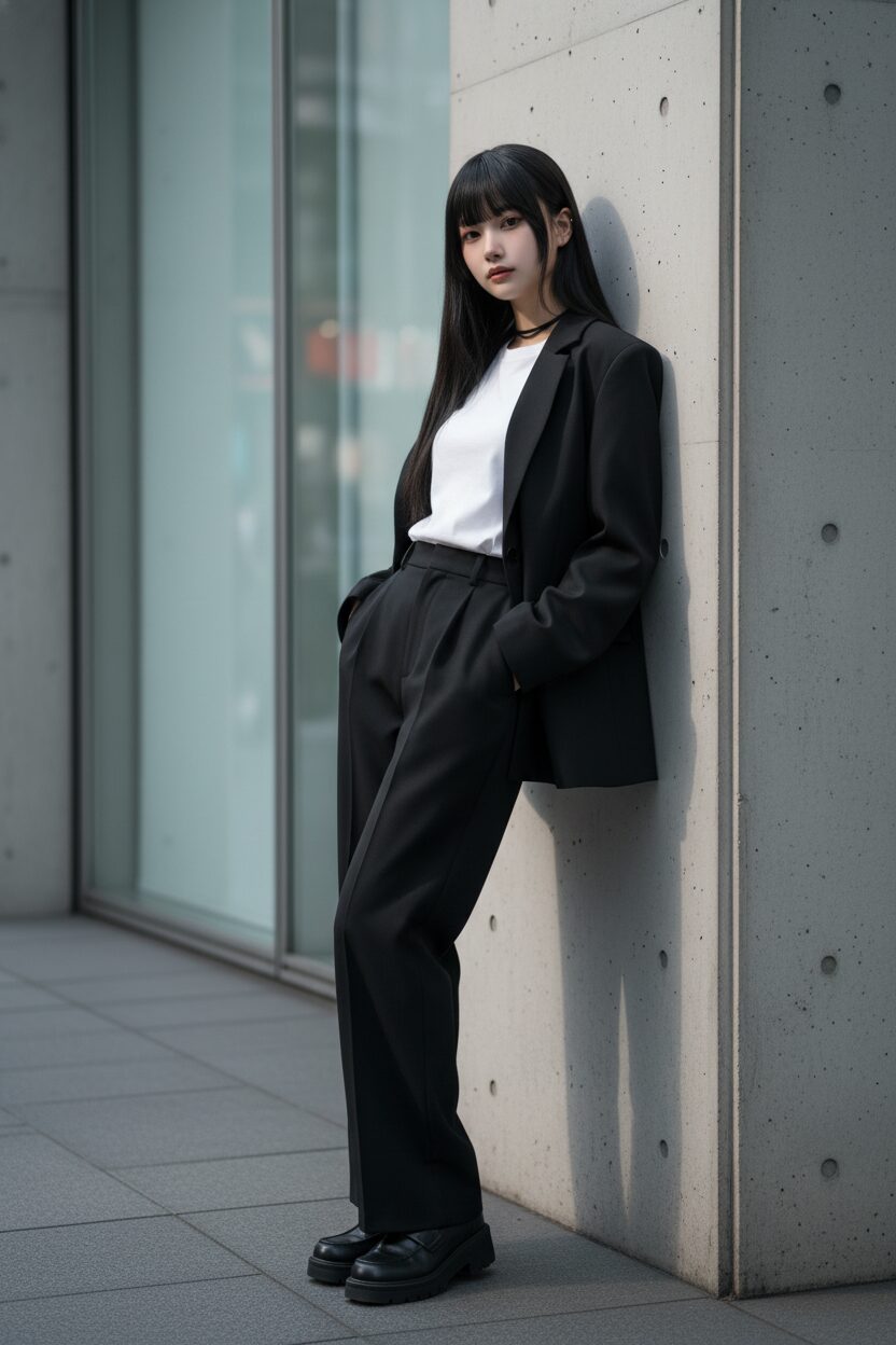 黒のオーバーサイズブレザーに白Tシャツ、黒のワイドパンツというモノトーンのモードな服装をした、黒髪パッツンのミディアムヘアのクールな10代日本人女性。