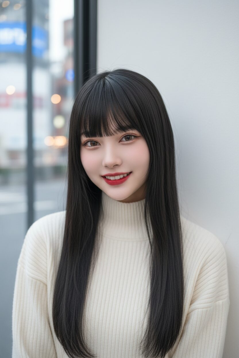 完璧に切り揃えられた黒髪パッツンの日本人10代女性のクローズアップ写真。透明感のあるツヤ肌、整えられた眉、そして赤いリップが印象的なナチュラルメイクをしている。