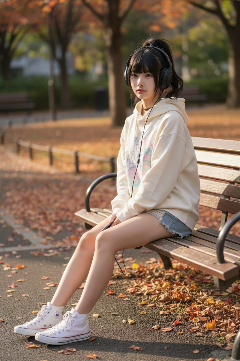 黒髪パッツンを高い位置でポニーテールにした10代の日本人女性。グラフィックがプリントされたオーバーサイズパーカーにデニムのショートパンツ、スニーカーというカジュアルな服装で公園のベンチに座っている。