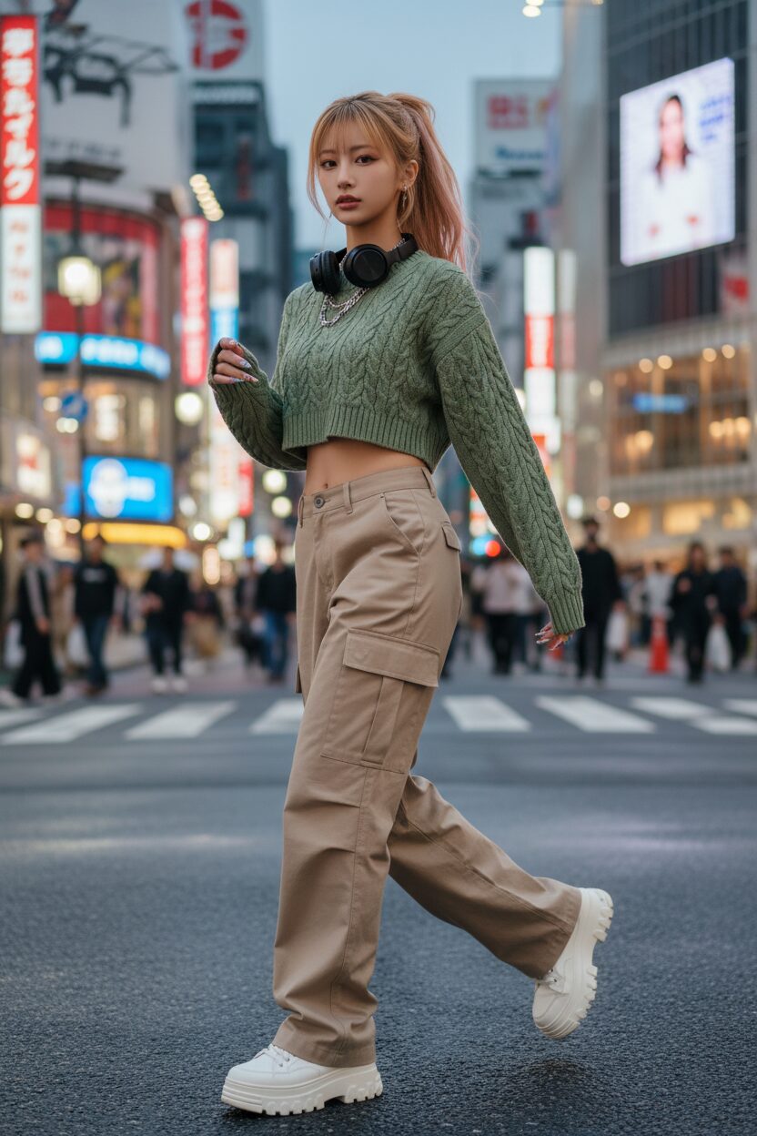 東京の活気あるストリートでポーズをとる、クロップド丈のセージグリーンのニットとローライズのベージュカーゴパンツを着こなした10代の日本人女性。足元は厚底スニーカーで、首にはヘッドホンをかけている、2025年秋の進化系Y2Kストリートスタイル。