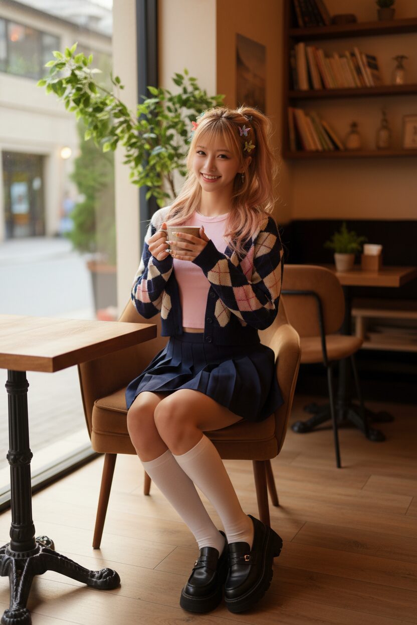 カフェの窓際で微笑む、プレッピー風の進化系Y2Kファッションに身を包んだ10代のアジア系の女の子。クロップド丈のアーガイル柄カーディガンにローライズのプリーツミニスカートを合わせ、足元は厚底ローファーとニーハイソックスでまとめている。