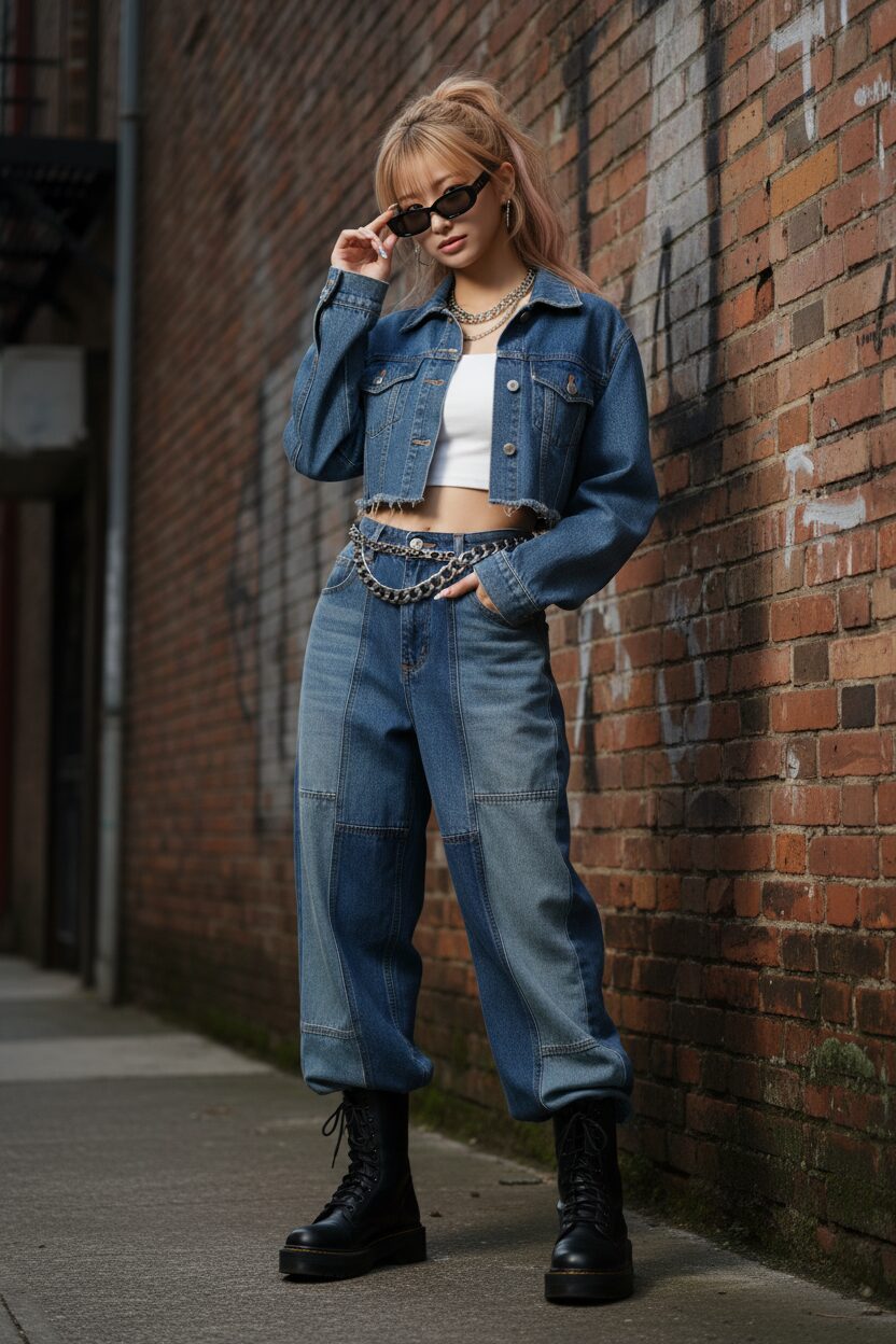 都会的なレンガの壁を背景に、クールな表情で立つ10代の日本人女性。クロップド丈のデニムジャケットとローライズのパッチワークジーンズを合わせた、デニムオンデニムの進化系Y2Kスタイルを披露している。