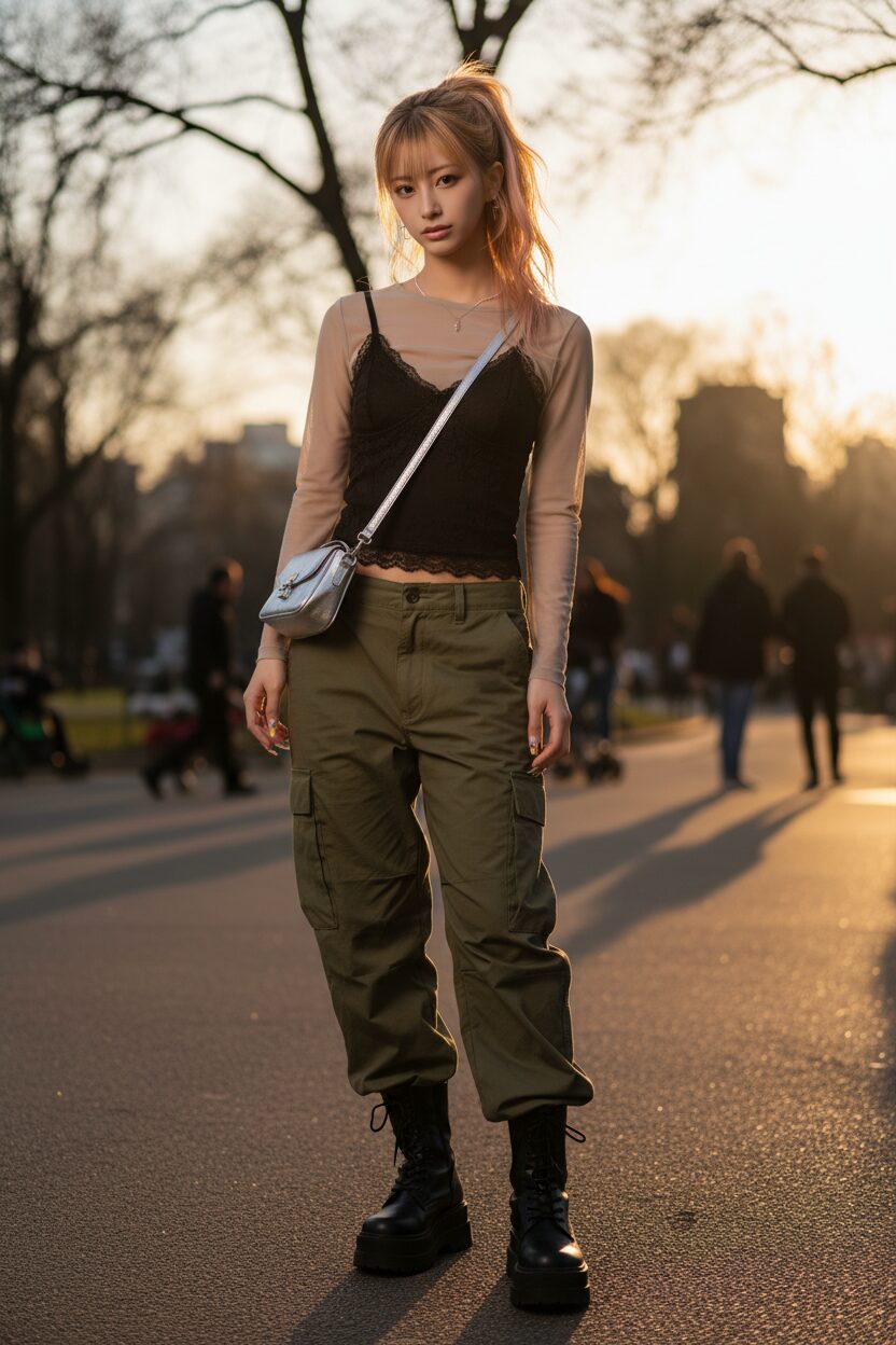 夕暮れの公園で撮影された、エッジの効いた進化系Y2Kスタイルの10代。黒いレースのキャミソールとシアーな長袖トップスを重ね着し、ローライズのオリーブグリーンのパラシュートパンツとメタリックなミニバッグを合わせている。