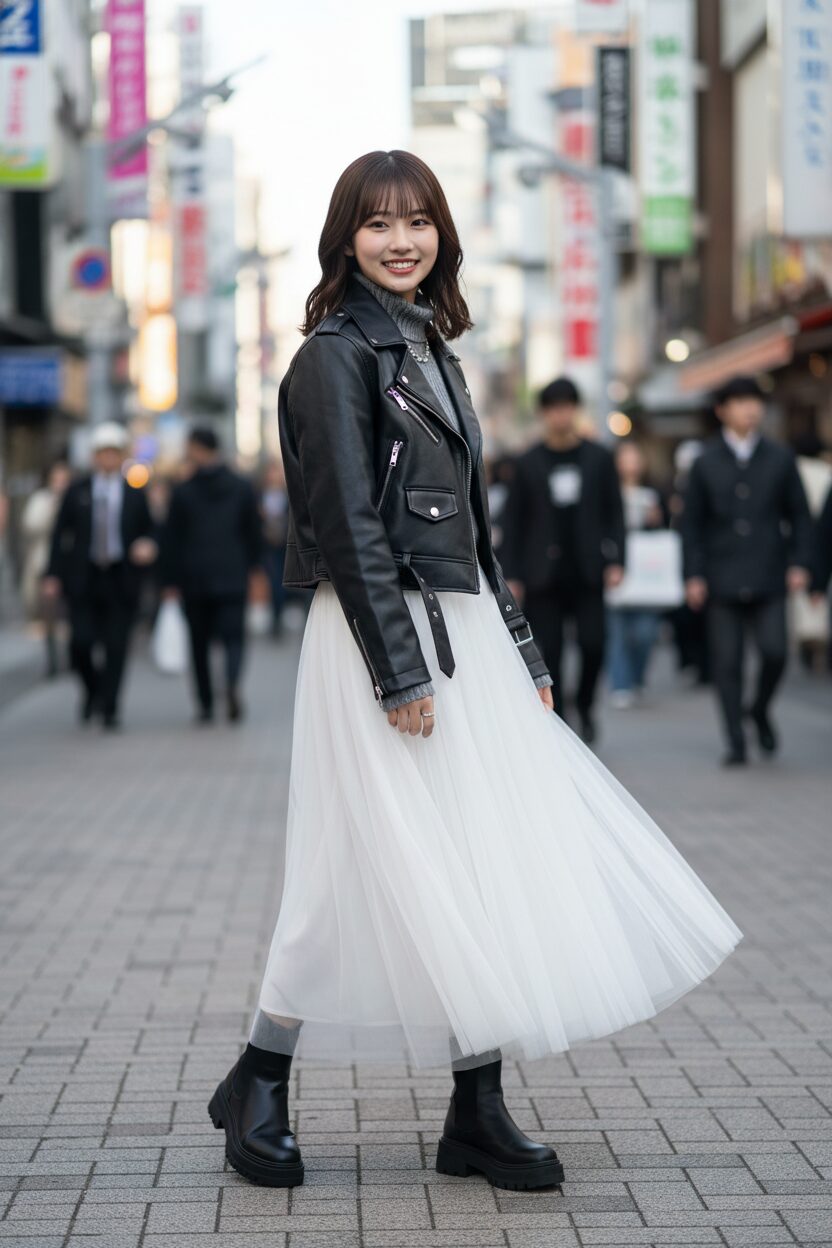 黒のフェイクレザーのライダースジャケットと繊細な白のチュールロングスカートを組み合わせた、甘辛MIXコーデの日本人10代女性。背景には原宿の賑やかな通りが写っており、プロのファッション写真のような自然光が彼女を照らしている。