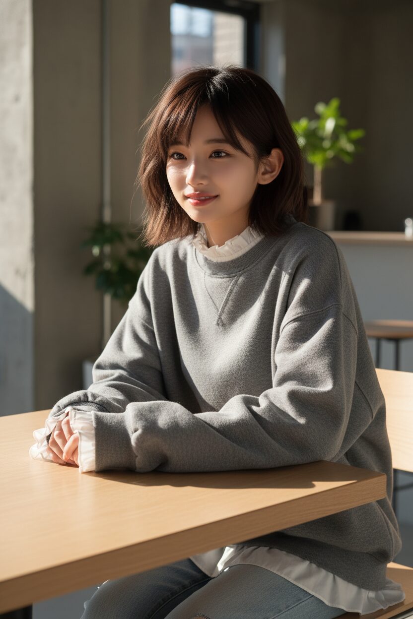 おしゃれなカフェで、グレーのオーバーサイズスウェットの下から白いフリルブラウスの襟と袖口を覗かせている10代の女の子。レイヤードスタイルが分かりやすいクローズアップ写真で、窓からの自然光が柔らかい雰囲気を演出している。
