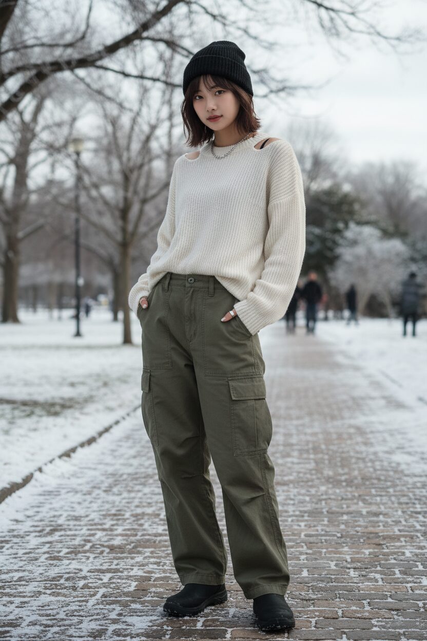冬の公園でポーズをとる、カーキのカーゴパンツとオフホワイトの肩出しニットを着た10代の女の子。黒いニット帽とシルバーアクセサリーを身につけ、クールで自信に満ちた表情をしているストリートスナップ風の一枚。