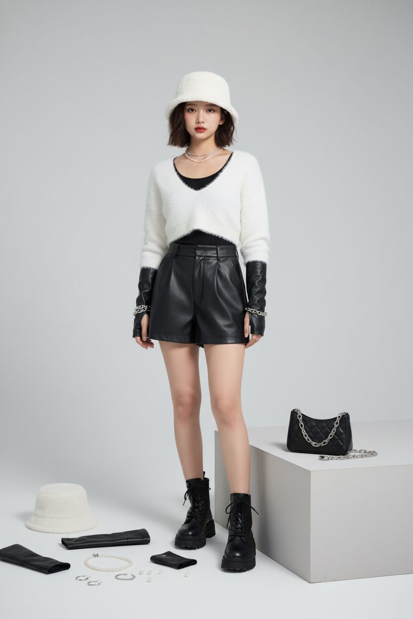 甘辛MIXコーデに使える小物の置き画。黒のレザー調アームウォーマー、パールのネックレス、ごつめのシルバーブレスレット、黒のキルティングミニバッグ、ふわふわの白いバケットハットが、グレーの背景にきれいに並べられている。