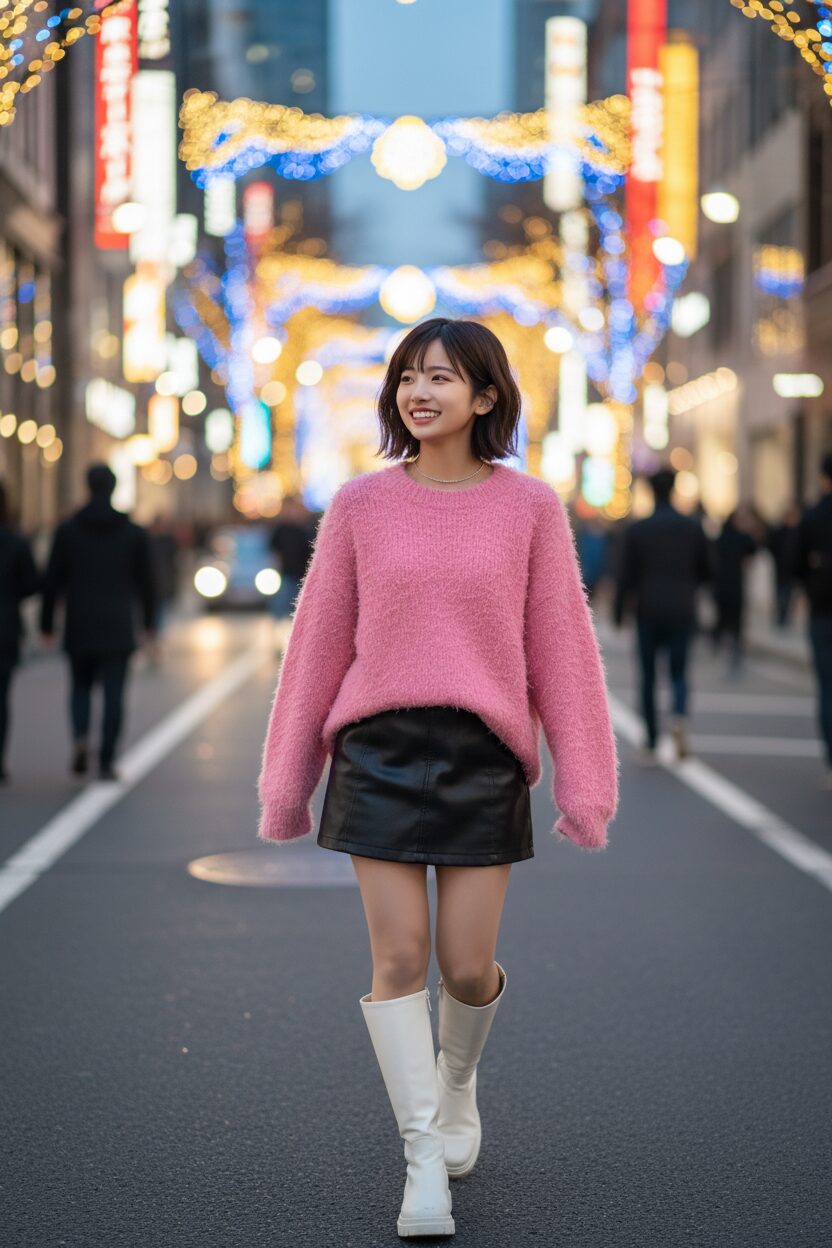 冬のイルミネーションが輝く街を歩く10代の女の子。ふわふわしたピンクのシャギーニットに黒のレザーミニスカート、白のロングブーツを合わせたコーデで、楽しそうな笑顔を浮かべている。