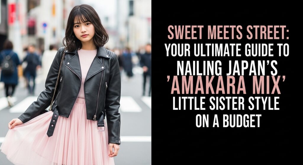 ピンクのチュールスカートに黒のライダースジャケットを合わせた、甘辛MIXコーデを楽しむ10代の日本人女性。東京・原宿のストリートでポーズをとっている。