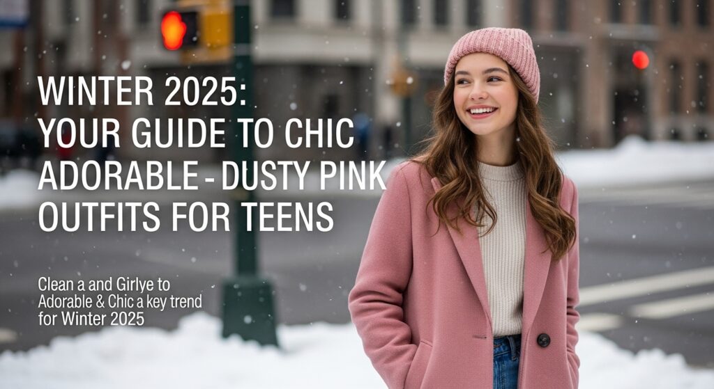 2025年冬のトレンド、ダスティピンクのコートを着て雪が降る街角で微笑む、清楚でガーリーな雰囲気の10代の女の子。