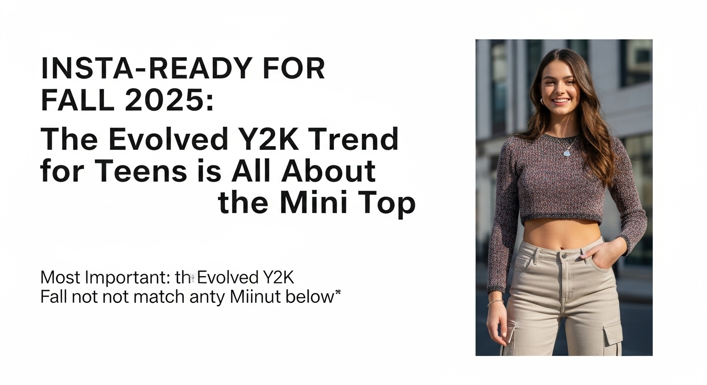 2025年秋の「進化系Y2K」ファッションを楽しむ10代の女性。クロップド丈のニットにローライズのカーゴパンツを合わせ、笑顔でポーズをとっている。