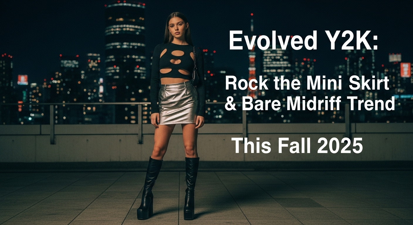 2025年秋のトレンド「進化系Y2K」ファッションに身を包んだ10代の女性。メタリックなマイクロミニスカートに、大胆なカットアウトが施された黒のクロップド丈トップスを合わせ、厚底のロングブーツを履いてポーズをとっている。背景は近未来的な東京の夜景。