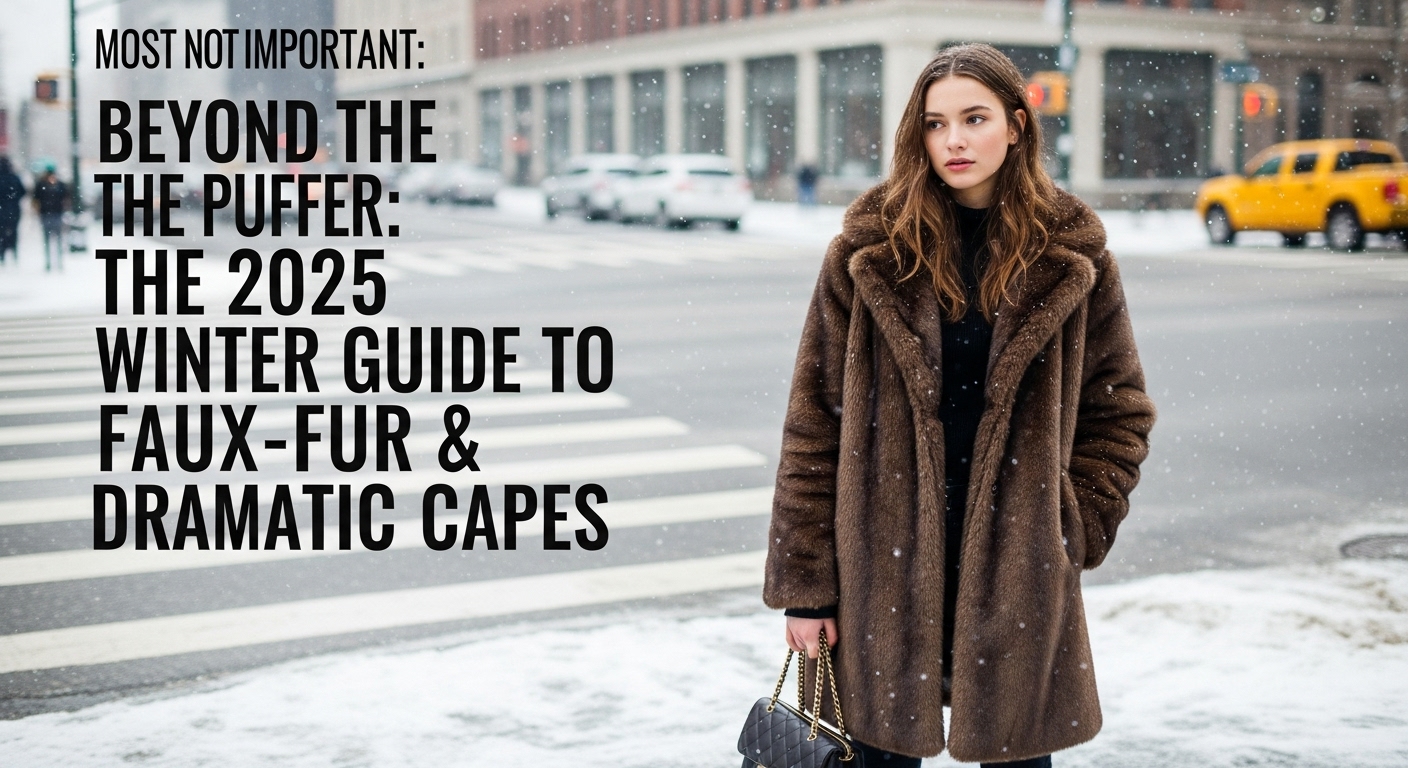 2025年冬のトレンドであるブラウンのフェイクファーコートを着て、雪がちらつく都市の街角でポーズをとるおしゃれな10代の女の子。