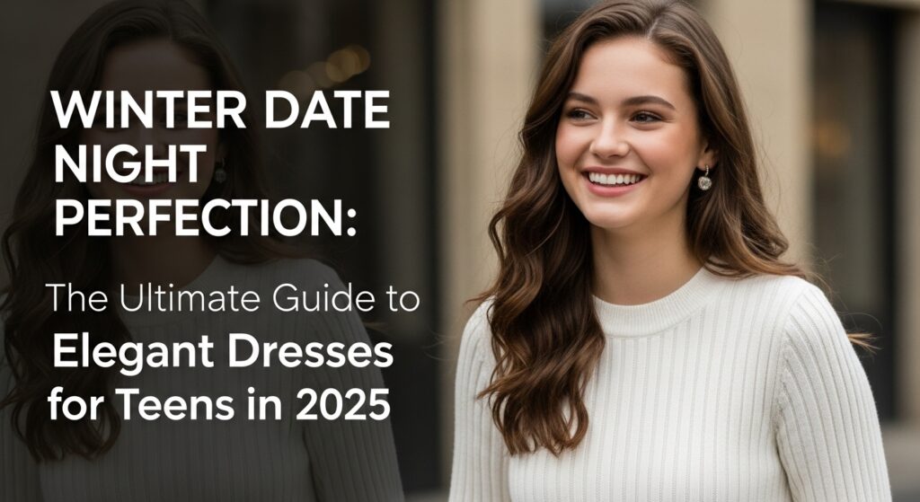 冬のデートで白いニットワンピースを着て微笑む10代の女の子