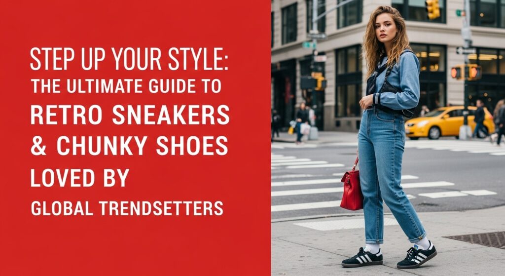 ストリートファッションに身を包み、アディダスのレトロなスニーカーを履いてニューヨークの街角でポーズをとる、自信に満ち溢れた表情の女子高生。