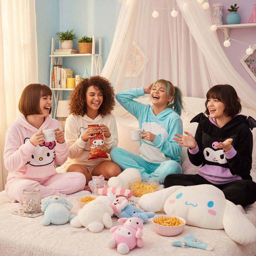 パステルカラーで飾られた可愛い子供部屋のベッドの上で、4人の10代の女の子たちがサンリオキャラクターのパジャマを着て、ぬいぐるみに囲まれながら楽しそうに笑い合っている。手にはお菓子を持ち、お泊まり会のワンシーンを切り取ったような自然な笑顔が溢れている。