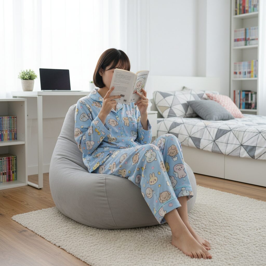 流行りの「ちいかわ」の総柄プリントパジャマを着た10代の女の子が、モダンで清潔感のある自室のビーズクッションに座ってリラックスしながら漫画を読んでいる。パジャマの可愛らしいデザインが引き立つ、ナチュラルな雰囲気の写真。