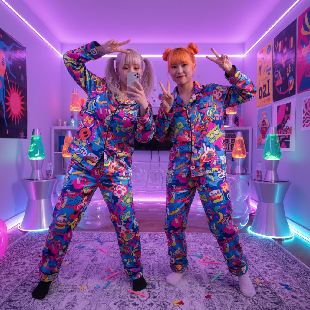 ネオンライトやレトロな小物で飾られた部屋で、Y2Kファッション風のポップでカラフルなプリントパジャマを着た二人の女の子が、楽しそうに踊りながらスマートフォンで自撮りをしている。エネルギッシュでどこか懐かしい雰囲気の写真。