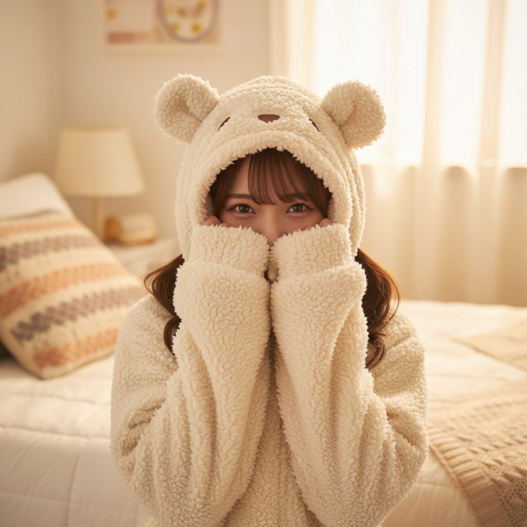 ツインテールにした10代の女の子が、クマ耳フードが付いたふわふわの素材のパジャマを着て、カメラを覗き込んでいる。パジャマの「もこもこ」とした生地の質感が伝わる、温かみのあるクローズアップ写真。