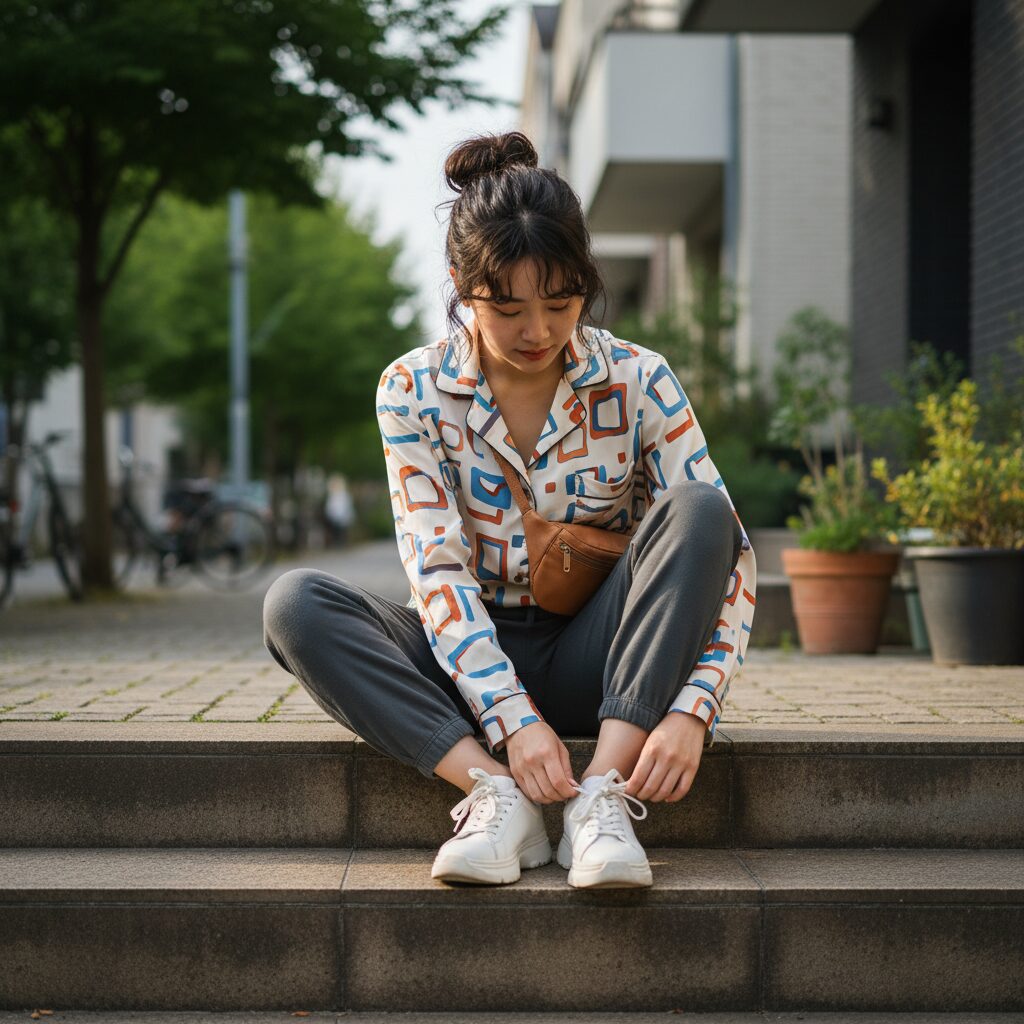 キャラクタープリントのパジャマのトップスにカジュアルなスウェットパンツを合わせたワンマイルウェアコーデの女の子。家の玄関先でスニーカーの紐を結んでおり、これからちょっとした外出をするところ。おしゃれで実用的な着こなしを提案するストリートスナップ風の写真。