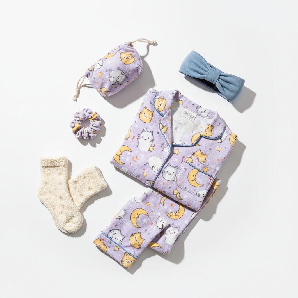 白い背景の上に、キャラクターパジャマのセットアップ、お揃いのもこもこ靴下、シュシュ、ヘアバンド、そして洗面用具を入れる小さなポーチが綺麗に並べられている。お泊まり会に向けた完璧なコーディネート提案の平置き写真。