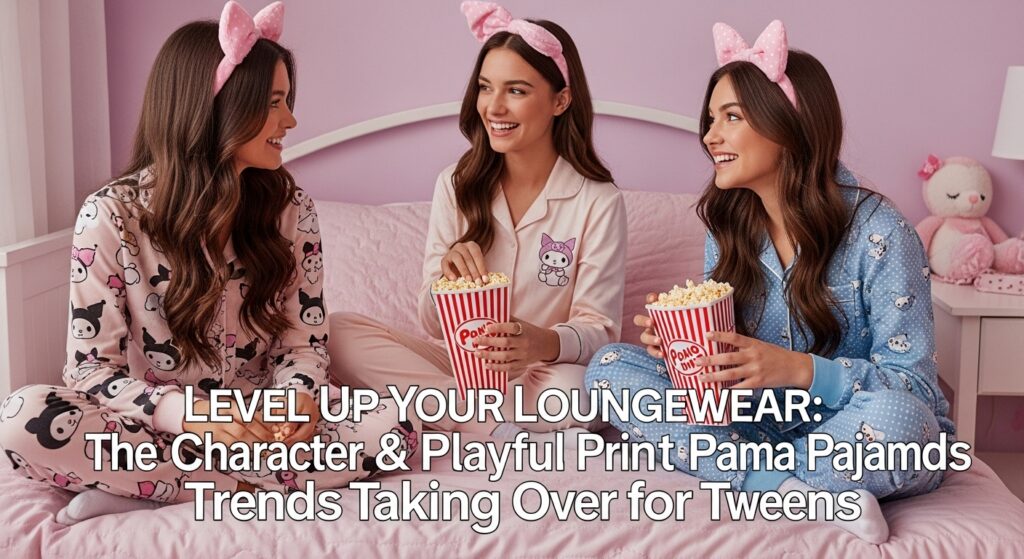 明るい子供部屋で、サンリオキャラクターのパジャマを着た10代の女の子たちがベッドの上で楽しそうにおしゃべりしながらポップコーンを食べている様子。