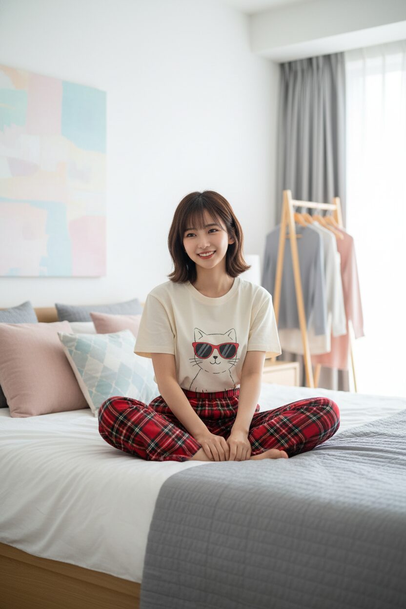 明るい光が差し込む子供部屋のベッドの上で、グラフィックTシャツとチェック柄のフランネルパンツを組み合わせたパジャマを着た10代の日本人女性が、楽しそうに微笑んでいる、プロのファッション誌のような写真。