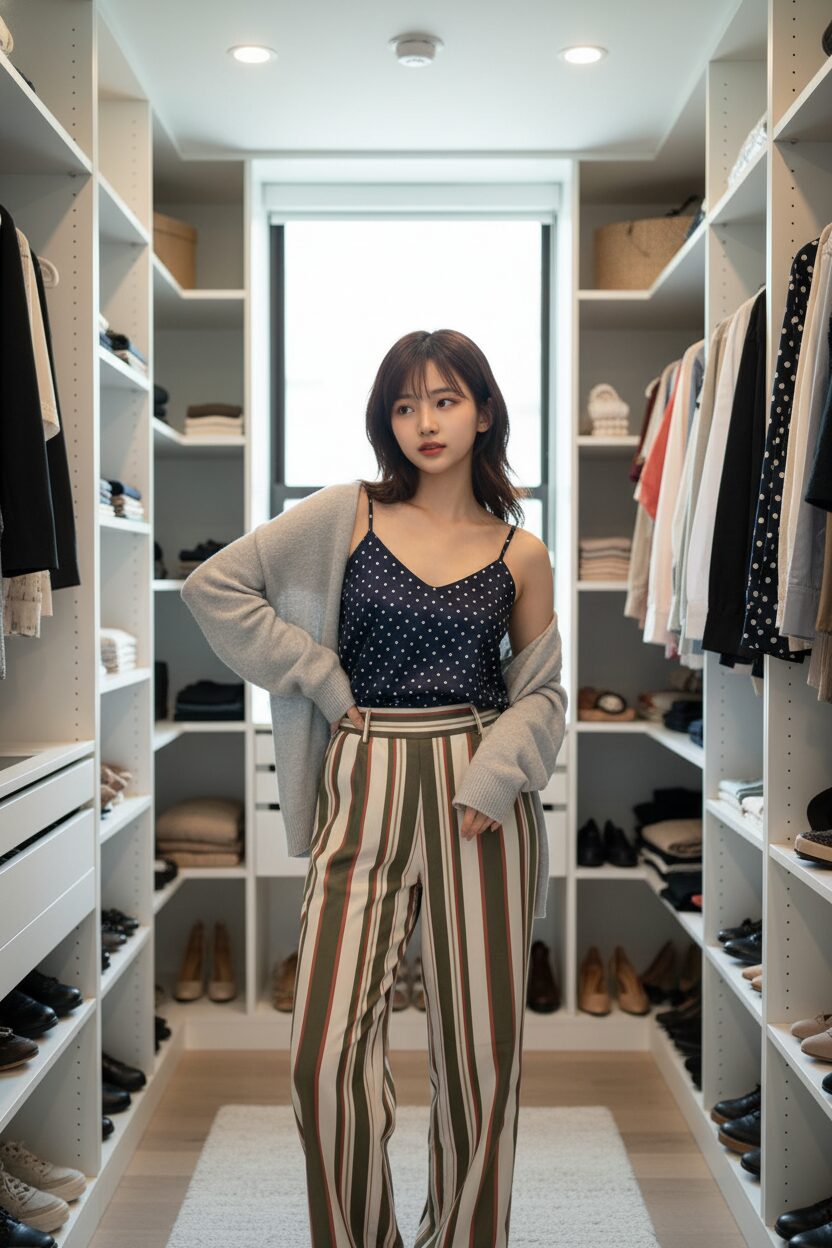 クローゼットの前で、小さなドット柄のキャミソールに太いストライプ柄のコットンパンツという、柄物同士を組み合わせた上級者向けパジャマコーデでポーズをとる10代の女の子。ストリートスナップのような、柔らかく自然な光の写真。