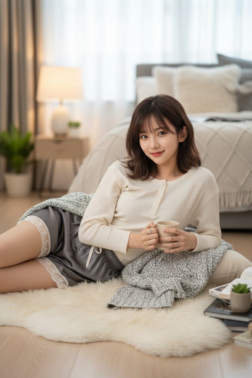 部屋の心地よさそうなラグの上でくつろいでいる10代の女の子。ワッフル素材のヘンリーネックトップスに、滑らかなサテン風のショートパンツを合わせた、素材感のミックスがおしゃれなパジャマを着ている、温かみのあるライフスタイル写真。