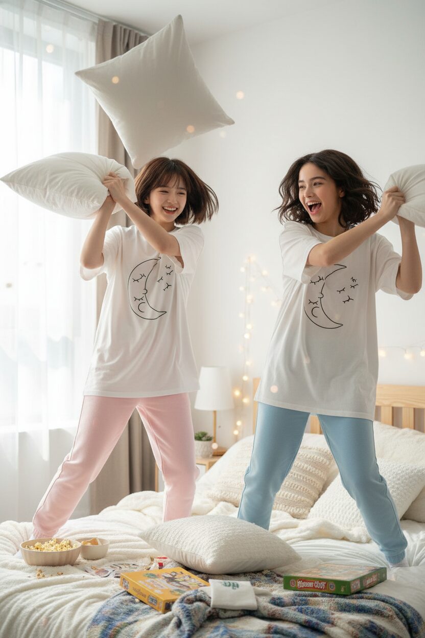 お泊まり会を楽しむ2人の10代の女の子が、枕投げをして笑い合っている。お揃いのグラフィックTシャツに、それぞれ違う色の無地スウェットパンツを合わせた、双子コーデ風のパジャマを着ており、元気で楽しい雰囲気が伝わってくる。