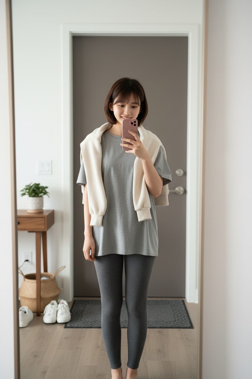 玄関の鏡で自撮りをする10代の女の子の全身ショット。丈が長めのロゴTシャツにリブ素材のレギンスを合わせ、パーカーを羽織った「ワンマイルウェア」風のパジャマコーデで、そのまま近所へ出かけられそうな現代的なスタイル。