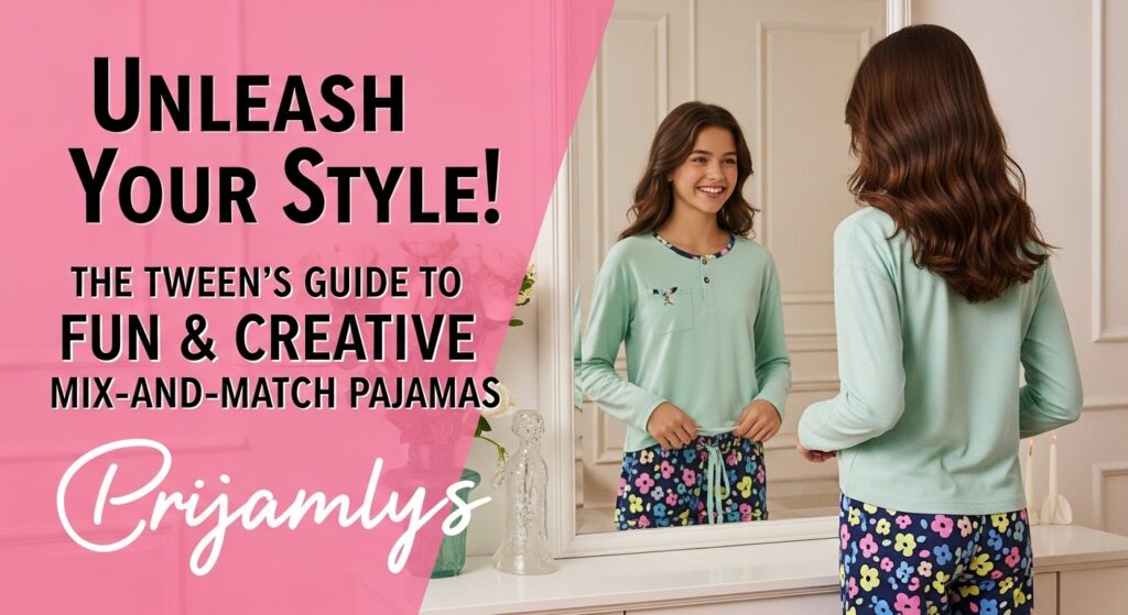 カラフルなパジャマのトップスとボトムスを鏡の前で楽しそうに組み合わせている10代の女の子