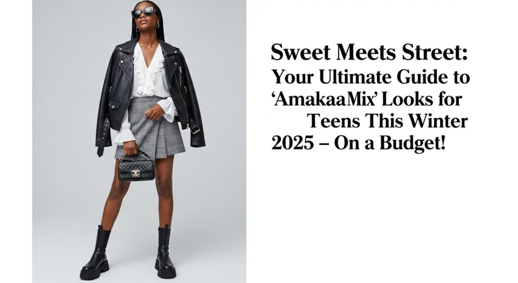 白のフリルブラウスに黒のライダースジャケットを羽織り、グレーのチェック柄ミニスカートと厚底ブーツを合わせた、2025年冬の甘辛MIX清楚系コーデを楽しむ10代の女の子。