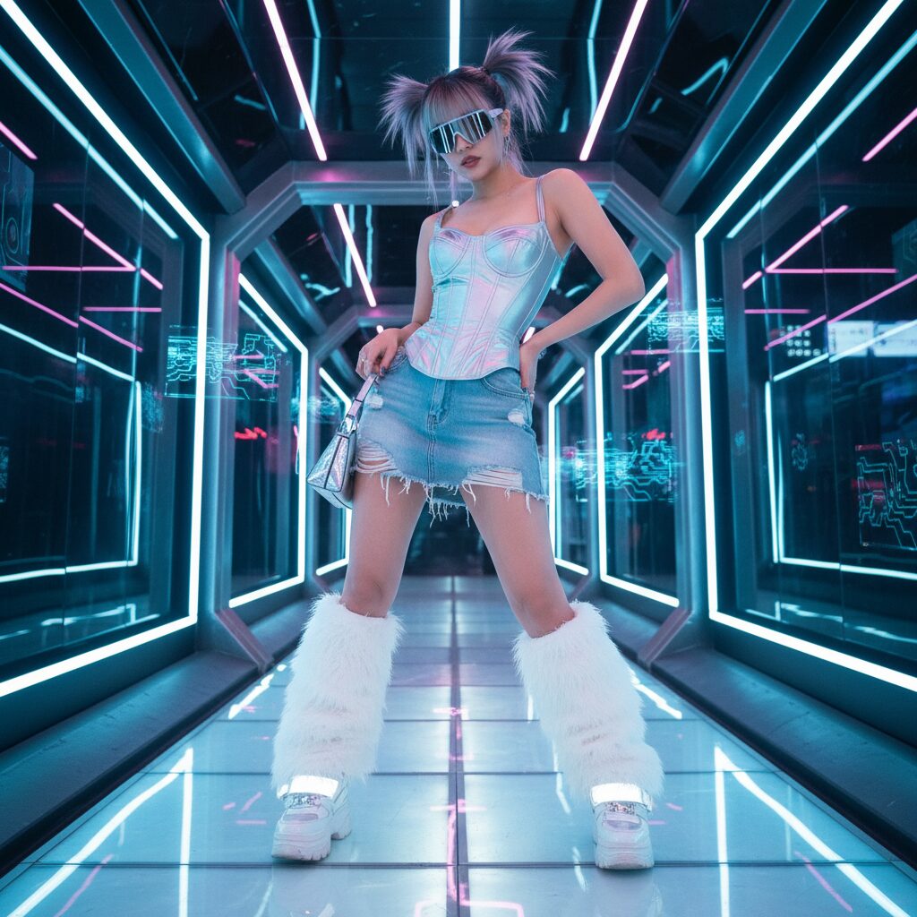近未来的なクラブの廊下で、メタリックシルバーのコルセットにダメージ加工のデニムミニスカートを合わせた最先端ファッションの女性。白いフェイクファーのレッグウォーマーと厚底スニーカーを着用し、サイバーY2Kの美学を体現している全身ショット。