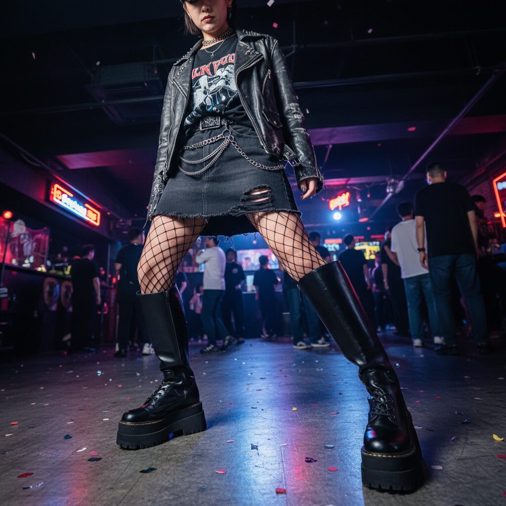 膝丈のレザー厚底ブーツのローアングルショット。女性は網タイツを着用している。床にはクラブの照明が反射しており、エッジの効いたストリートスタイルの雰囲気が漂う。