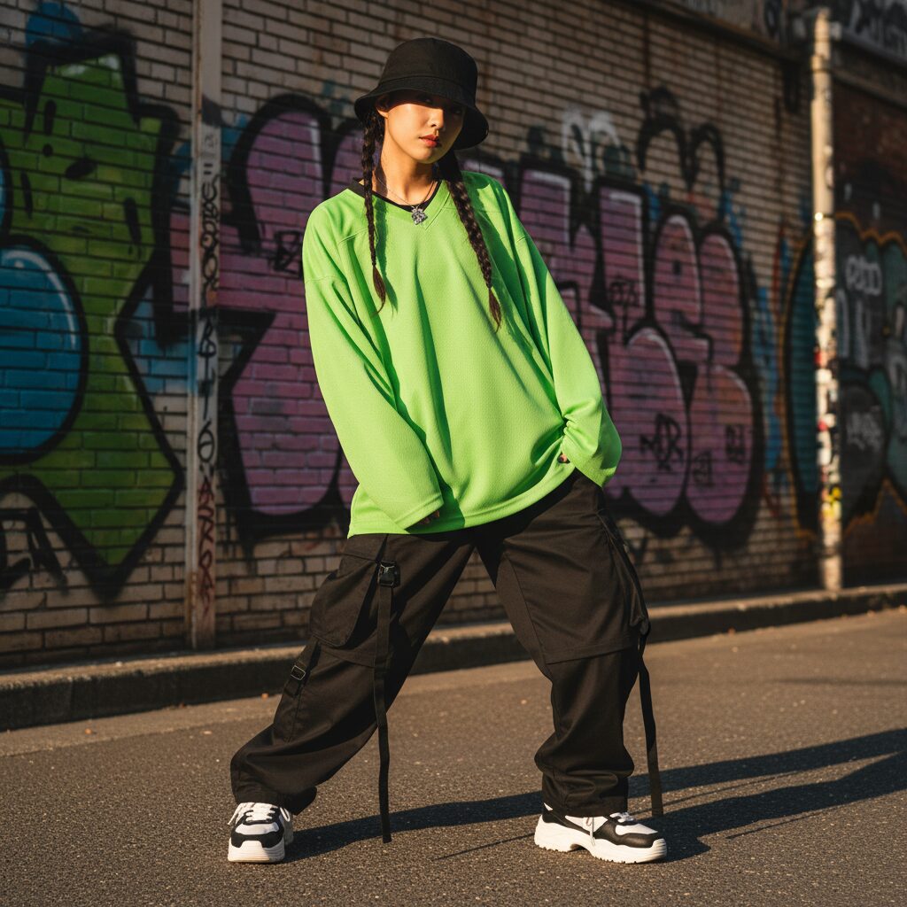 渋谷のグラフィティウォールを背景に、オーバーサイズのネオングリーンのホッケーシャツと、ストラップが多数ついた黒のバギーカーゴパンツを着用したダンサーの全身ショット。ゴツめのダッドスニーカーとバケットハットを合わせ、90年代ストリートのリバイバルスタイル。