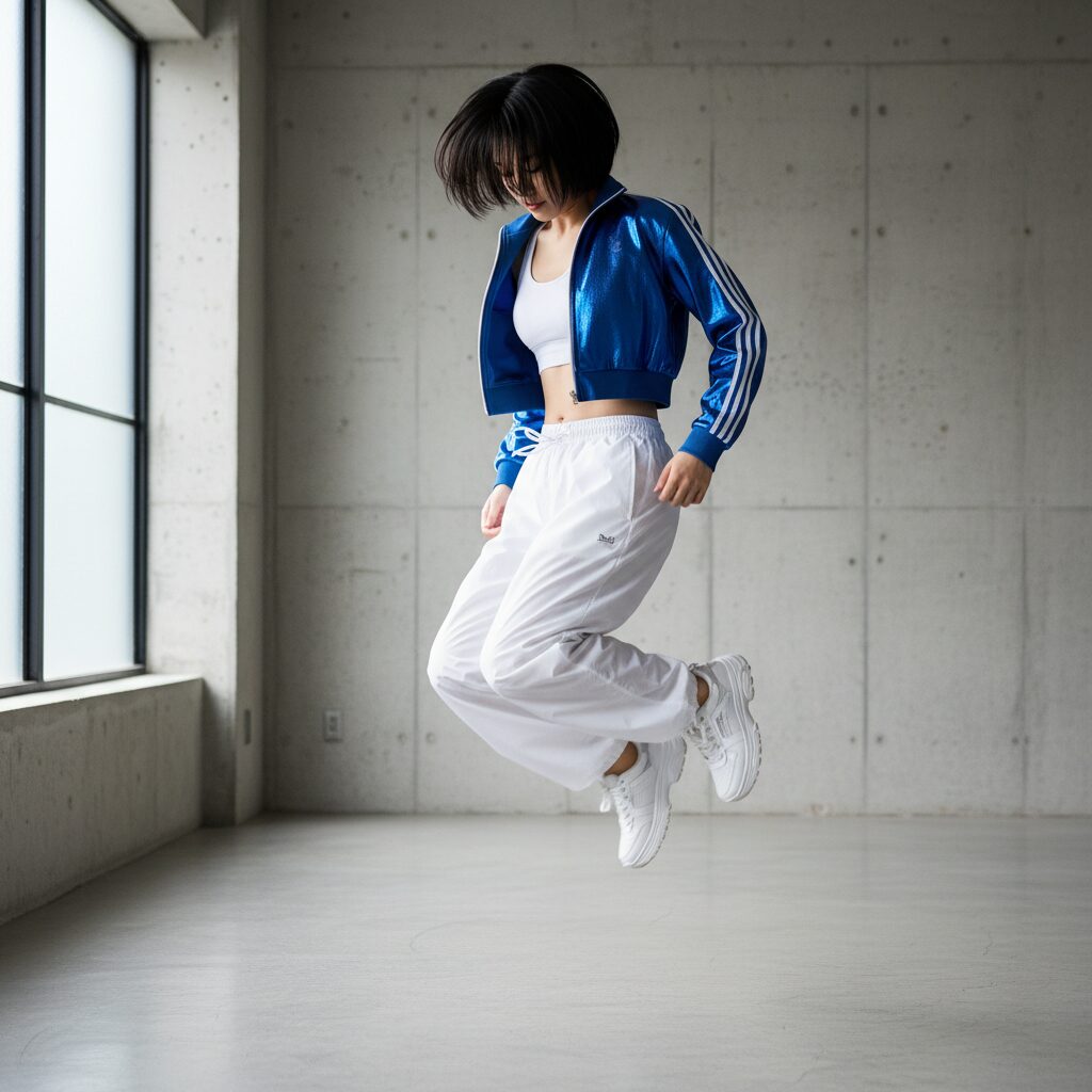 メタリックブルーのクロップドトラックジャケットと白のパラシュートパンツを着用したファッションインフルエンサーの全身ショット。動きのあるダイナミックなポーズ。背景は清潔でモダンなコンクリート打ちっぱなしのスタジオ。スポーティーシックな美学。