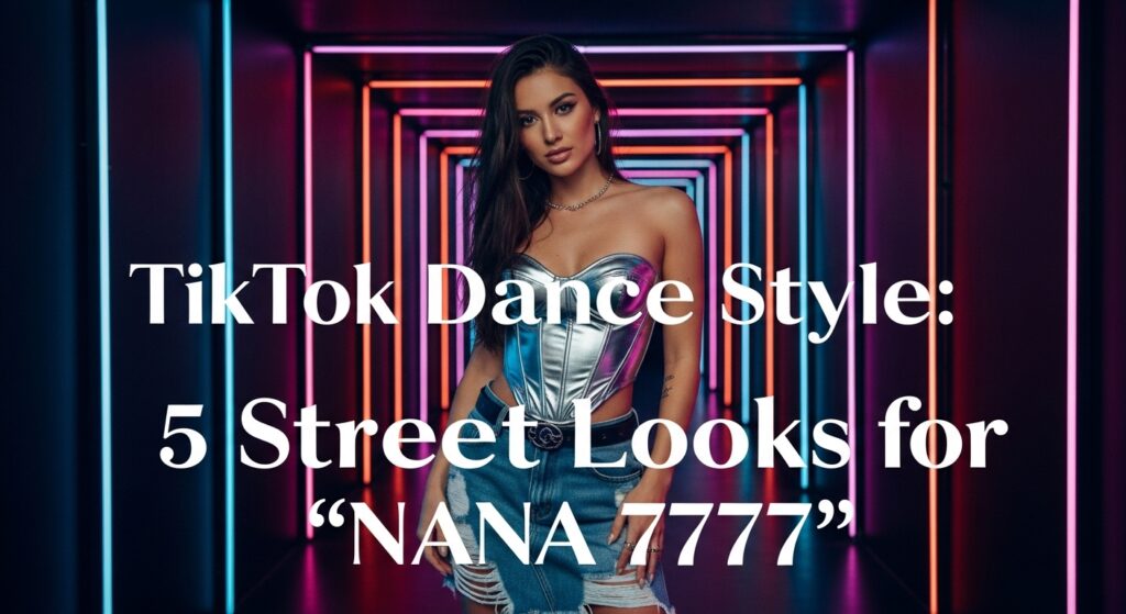 ネオン輝く近未来的なクラブの廊下で、メタリックシルバーのコルセットとダメージデニムスカートを着用しポーズをとる女性