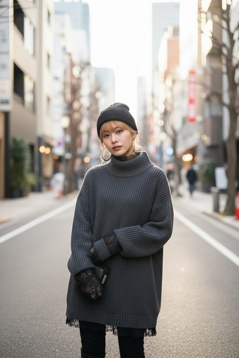 東京の街角に立つスタイリッシュな日本人女性。チャコールグレーのオーバーサイズでざっくりとしたニットを着ており、袖口とハイネックの首元から繊細な黒いシースルーレースが覗いている。シルバーのフープピアスを着用。冬の柔らかな日差し、背景は街並みのボケ味。ハイファッション誌のようなスタイル。