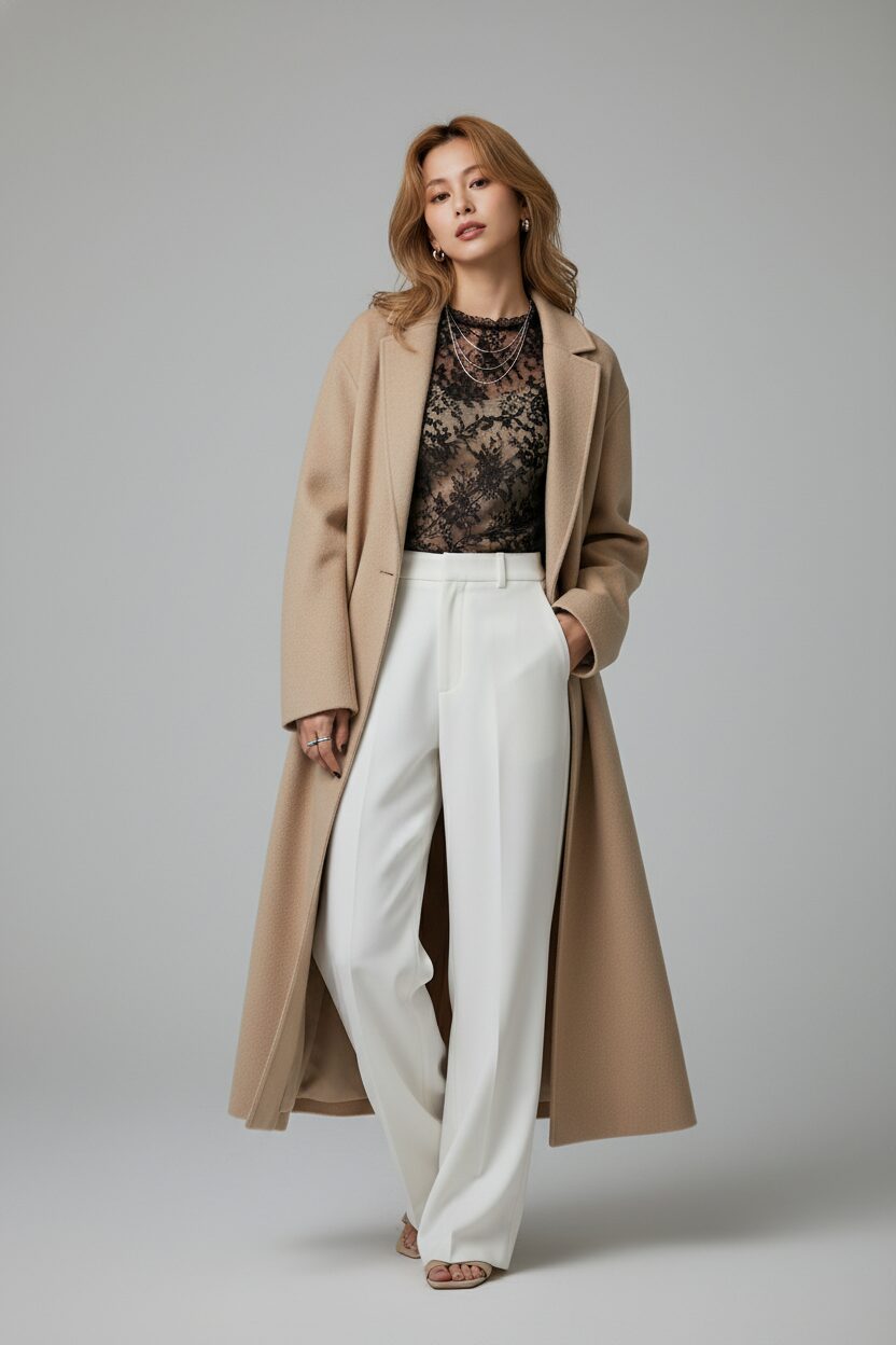 全身のファッション写真。ベージュのロングウールコートを前を開けて着ている日本人女性。インナーにはベージュのキャミソールの上に黒の透け感のあるレーストップスを重ね、白のワイドパンツを合わせている。ミニマルで洗練されたスタイリング。