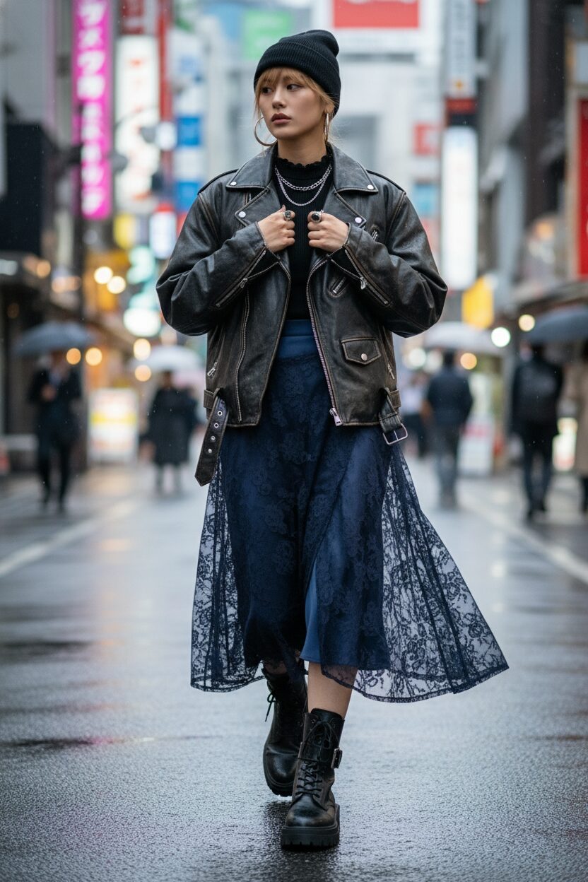 ストリートスナップ風。歩いている日本人女性。サテンのミディ丈スカートを履き、その上に同系色のネイビーブルーの透け感のあるレースの巻きスカートを重ね着している。黒のレザーブーツと重厚なレザージャケットを着用。エッジが効いているが女性らしいミックススタイル。