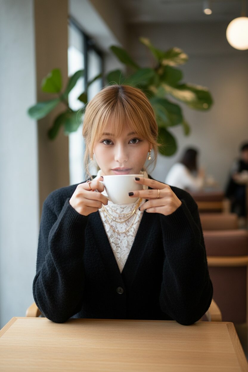 カフェでのポートレート撮影。コーヒーを飲んでいる日本人女性。黒のVネックカーディガンのボタンを留めて着ており、首元からハイネックの白いレーストップスがしっかりと見えている。エレガントなアクセサリー、暖かい室内照明。