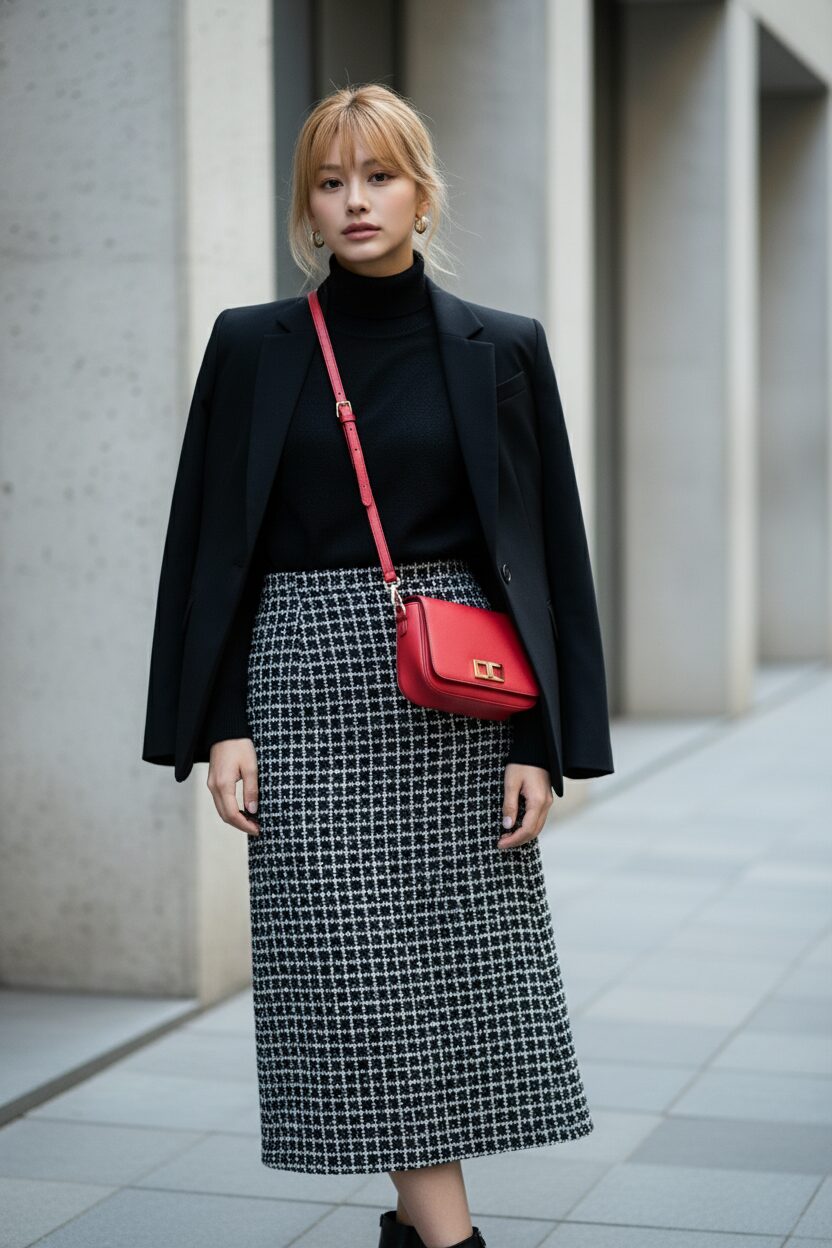 白黒のツイードIラインスカートに、黒のカシミアタートルネックセーターとシングルブレストの黒いブレザーを合わせた、シックな冬の通勤スタイル。