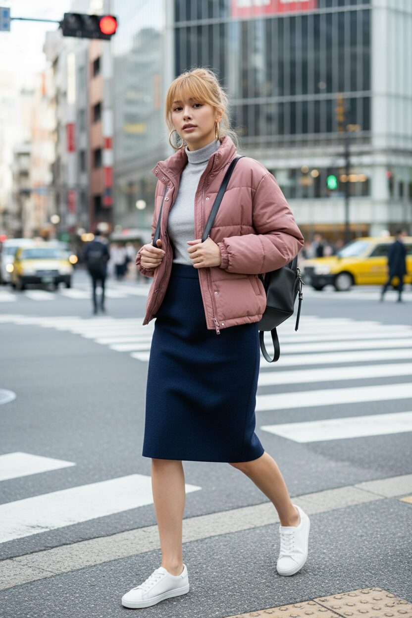 ネイビーのウールタイトスカートにライトグレーのタートルネックを合わせ、トレンドのダスティローズカラーのショート丈ダウンジャケットを羽織った女性。