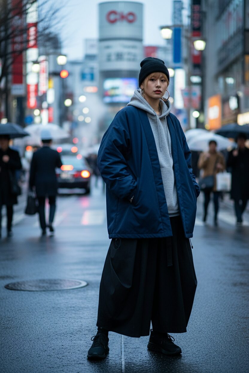 東京の繁華街に立つ日本人女性。ハイテク素材で作られたネイビーのオーバーサイズ羽織ジャケットをグレーのパーカーの上に重ね、黒いワイドな袴パンツを合わせている。映画のようなライティング、ストリートスナップ風。