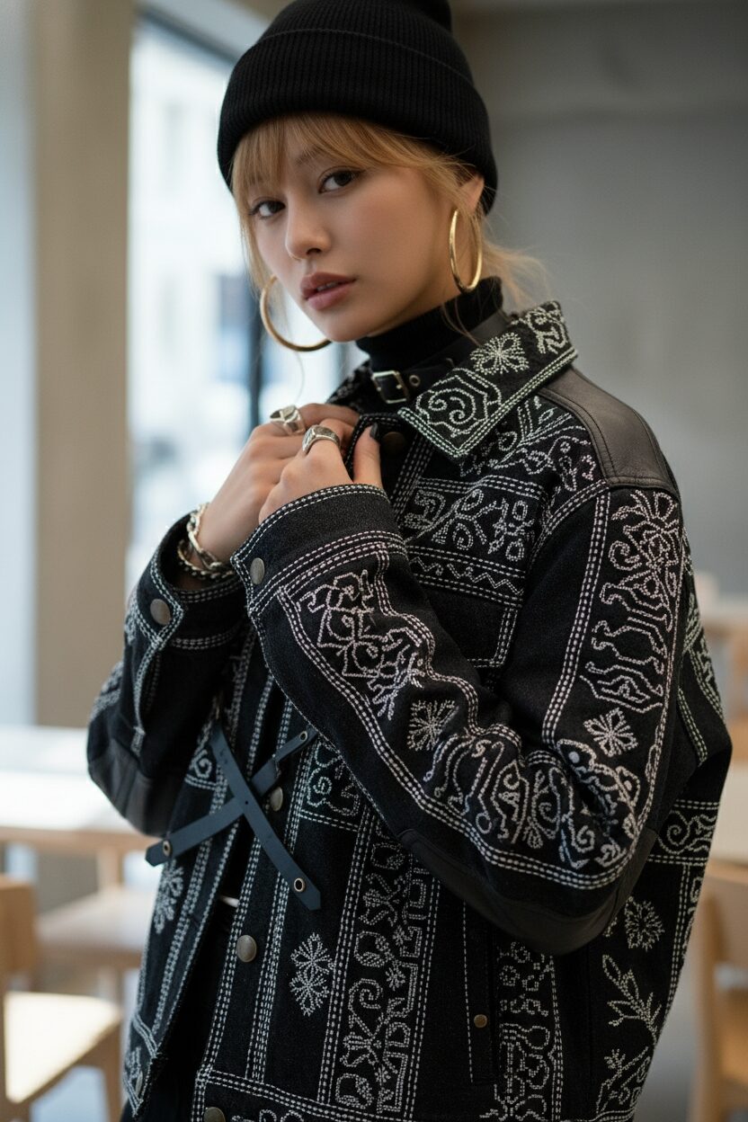 黒いデニムジャケットに施された刺し子刺繍のクローズアップ。レザーのアクセントが混ざっている。冬の日差しがテクスチャを照らしている。高解像度、ファッション誌の編集スタイル。