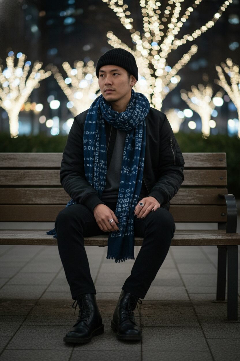 ベンチに座る日本人男性。伝統的な藍染めのスカーフを黒のボンバージャケットの上に緩く巻いている。背景は冬のイルミネーションで柔らかくボケている。