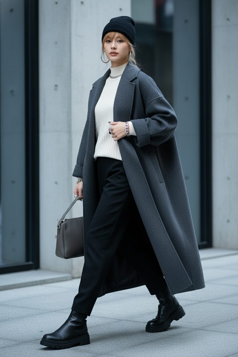 着物の襟のデザインを取り入れたロングコートをタートルネックの上に羽織り、颯爽と歩くファッショナブルな人物の全身ショット。ミニマリストな建築背景、寒色系のトーン、2026年冬のトレンド。